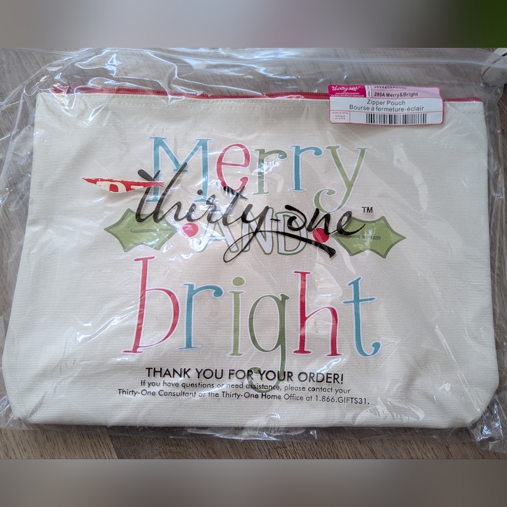 Thirty-One Merry and Bright Holiday Festive Zipper Pouch, New In Bag